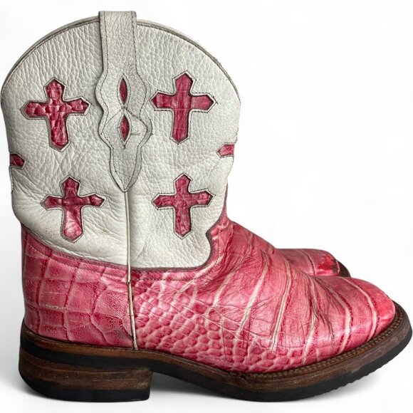 Ferrini Pink White Crosses Leather Distressed Western Cowgirl Cowboy Boots 8.5 - Picture 2 of 15